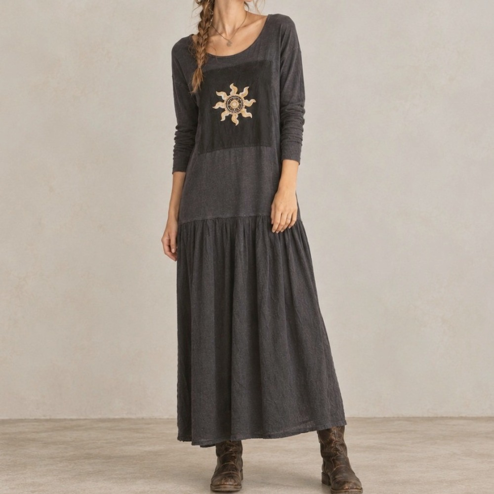 Johnny Was Vintage Maxi Dress Sun Embroidery M Black Boho Lagenlook Whimsigoth